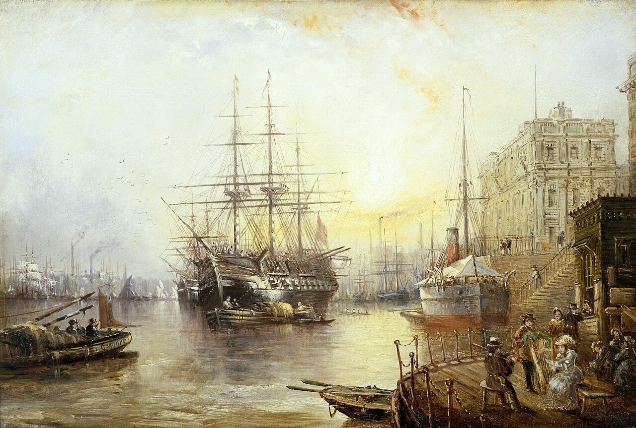 Painting of the training ship Fisgard off the Royal Naval College, Greenwich, 1877